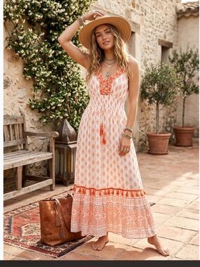 Me 2 Magic Boho Maxi Dress Orange White Embroidered V-Neck Fringe.